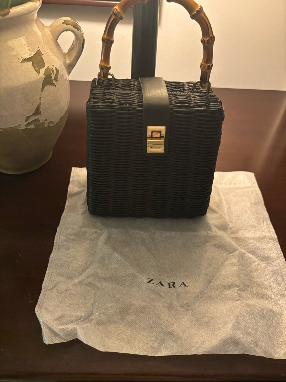 ZARA Black Woven Mini Box Bag with Bamboo Handles